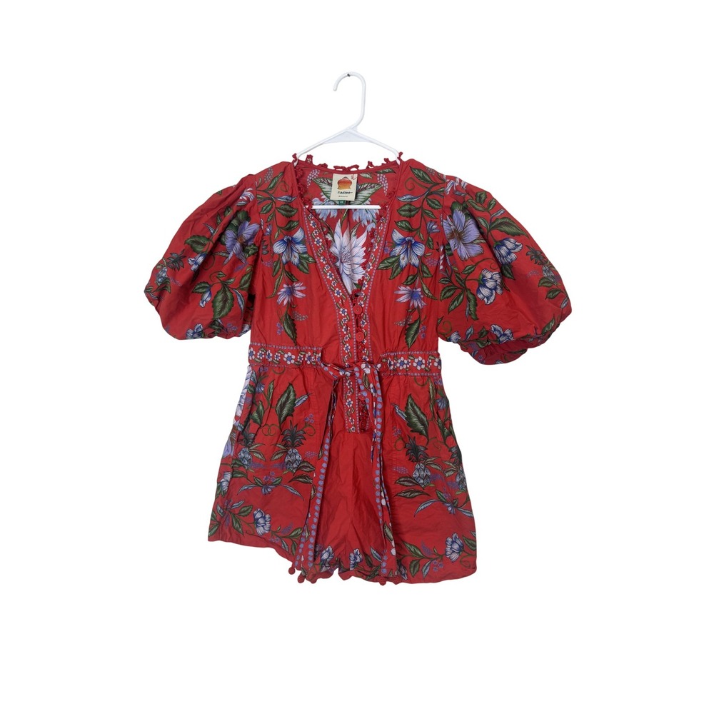 Farm Rio Romper Womens XS Red Floral Puff Sleeve Belted Button Front Boho Print